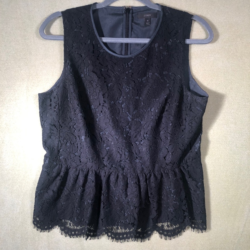 J.Crew Peplum Top Women Size 10 Black Floral Lace Sleeveless Round Neck Zipper